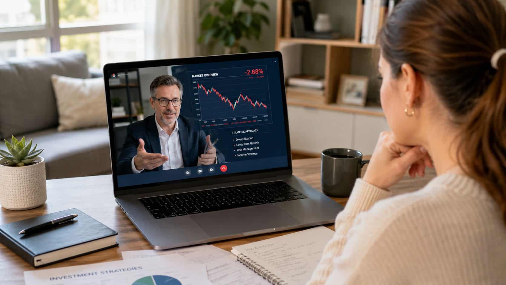 A woman participates in a remote financial consultation about long short equity hedge funds on a laptop.