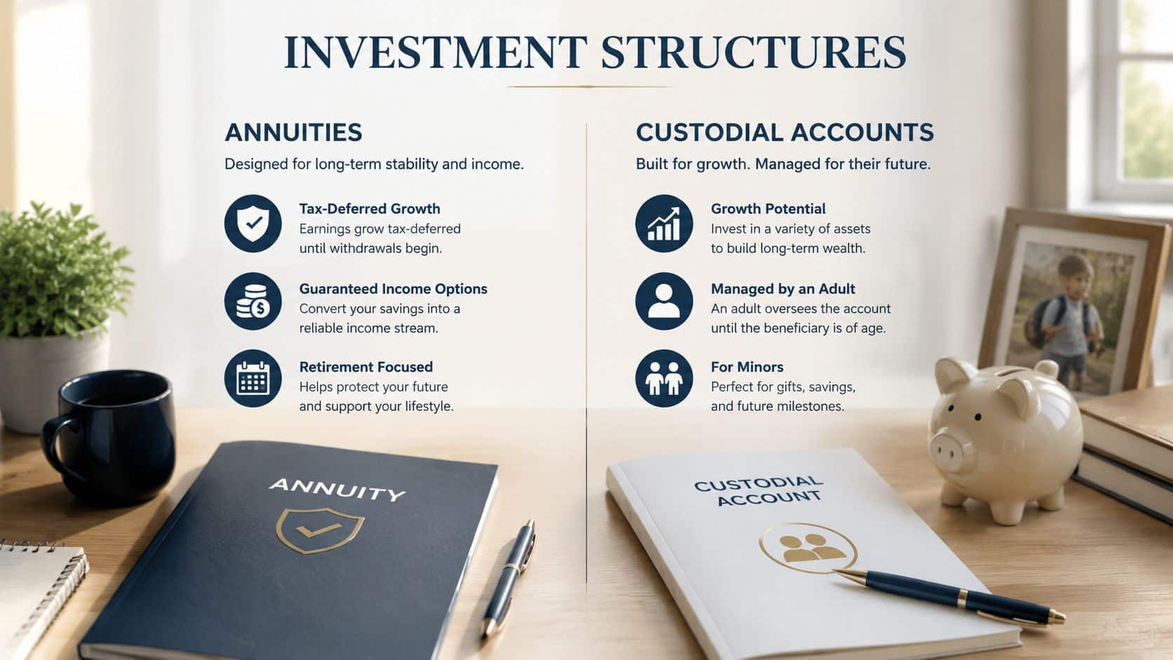 A comparison infographic showing the features of annuities and custodial accounts on a desk.