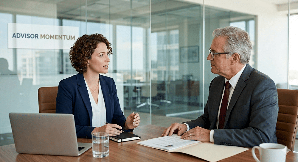 A woman in a navy blue blazer interviews a man in a grey suit across a wooden desk in a modern office, with a sign in the background reading "ADVISOR MOMENTUM." Both individuals are engaged in conversation, with a laptop and documents visible on the table