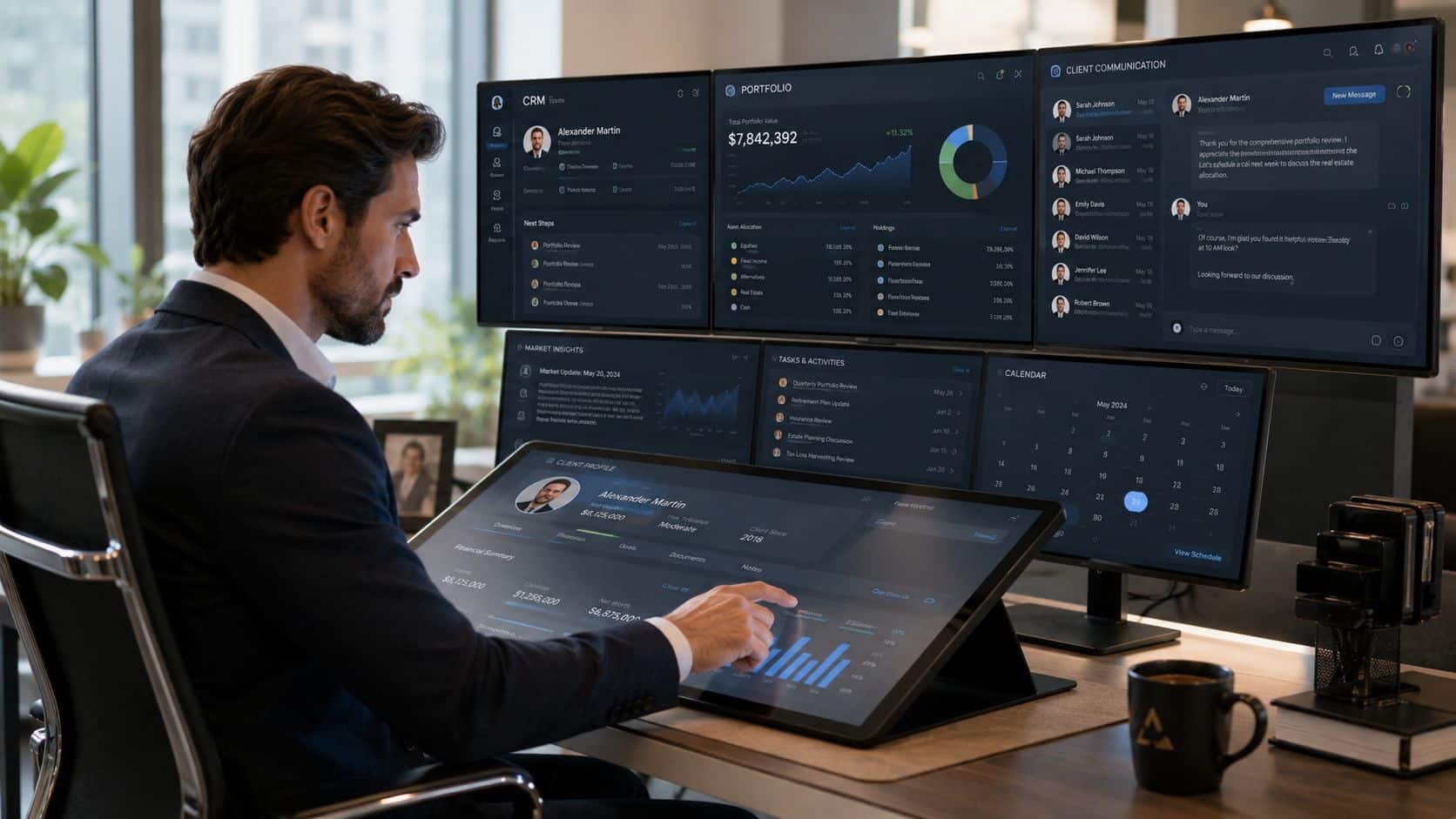 A professional financial advisor analyzing client data and portfolio performance on multiple digital monitors in an office.