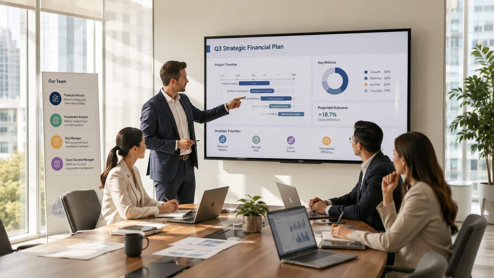 A professional financial advisor presents a strategic business plan on a large digital screen to colleagues in an office.
