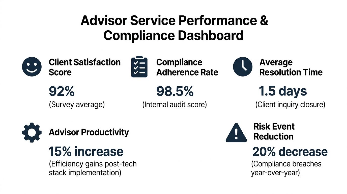 A performance dashboard showing metrics for advisor client satisfaction, compliance adherence, resolution time, productivity, and risk reduction.