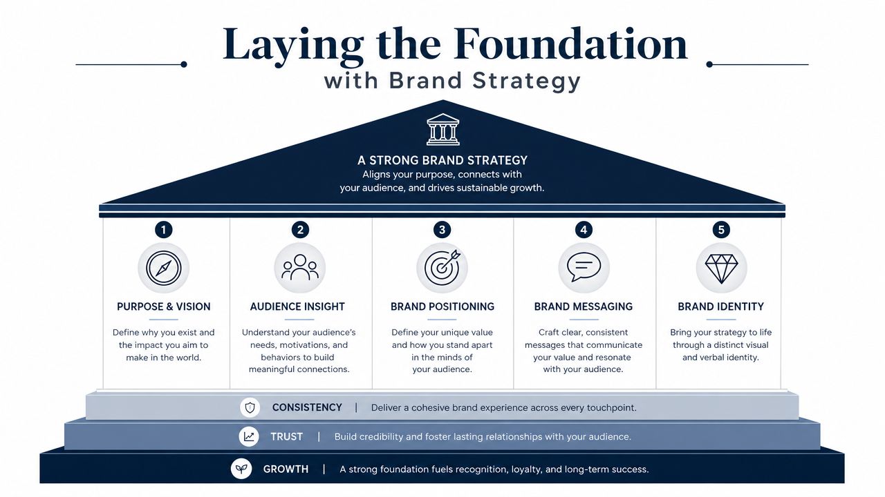 A diagram illustrating five essential pillars of brand strategy, including purpose, audience, positioning, messaging, and visual identity.