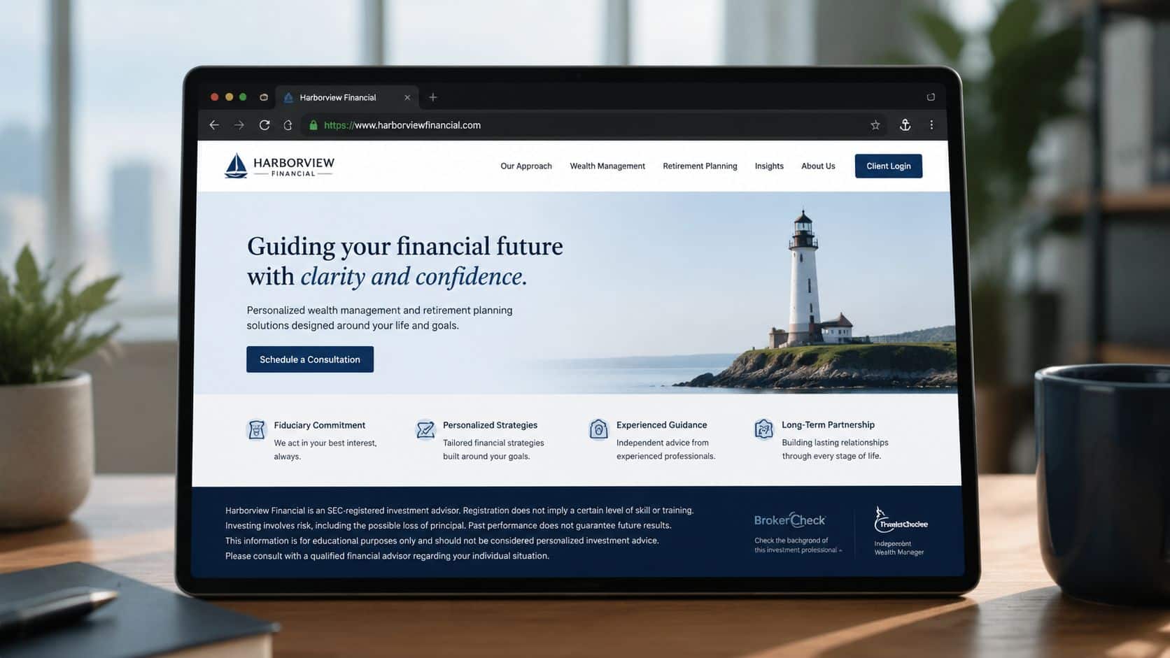 A tablet screen displaying the Harborview Financial website homepage featuring a lighthouse and professional financial planning services.