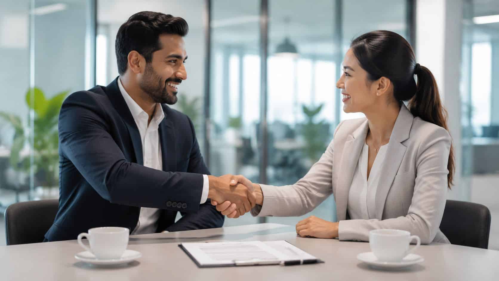 A professional man and woman in business attire shaking hands across a meeting table in an office.