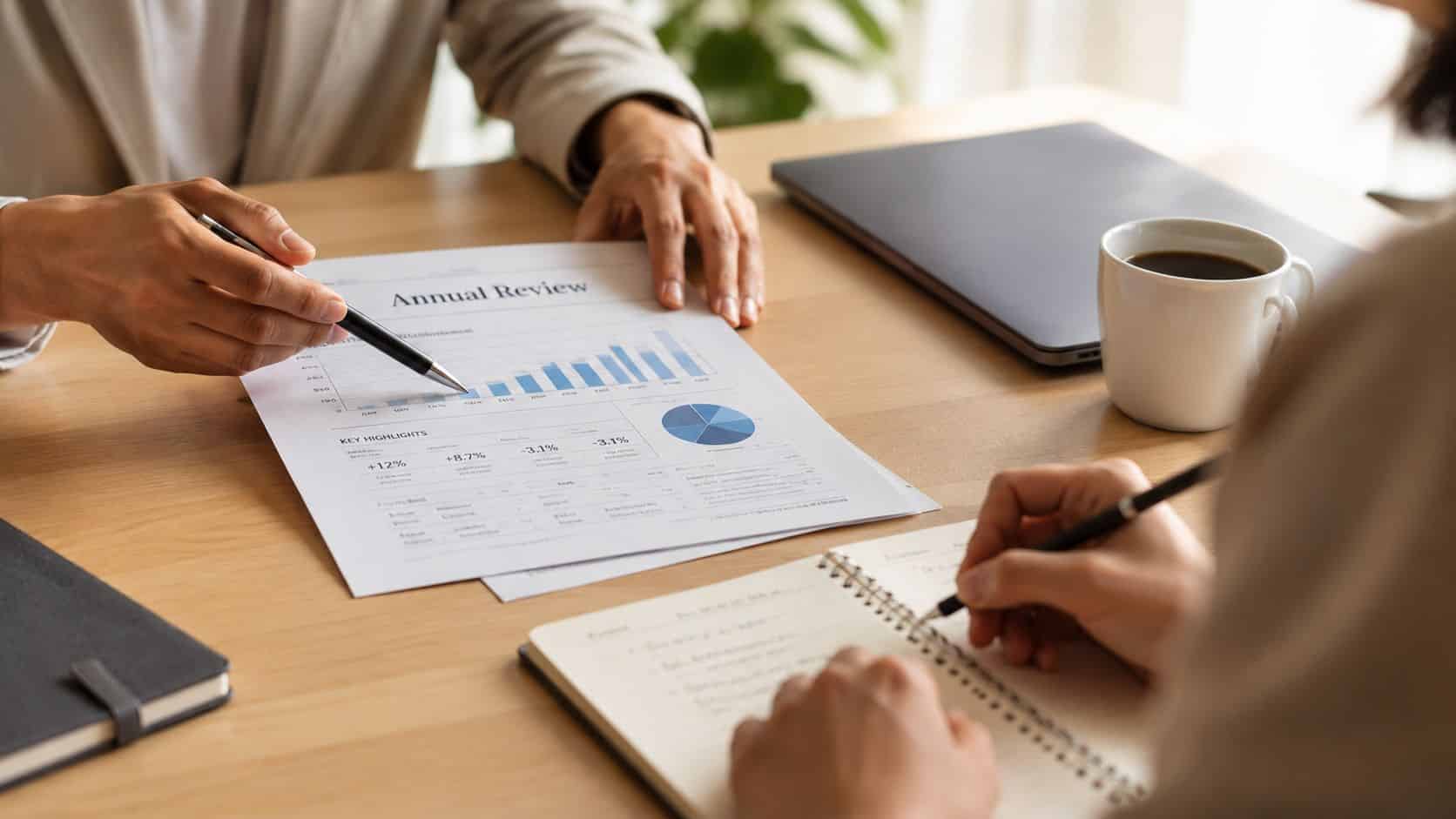 A professional business meeting with two colleagues reviewing an annual performance report on a desk