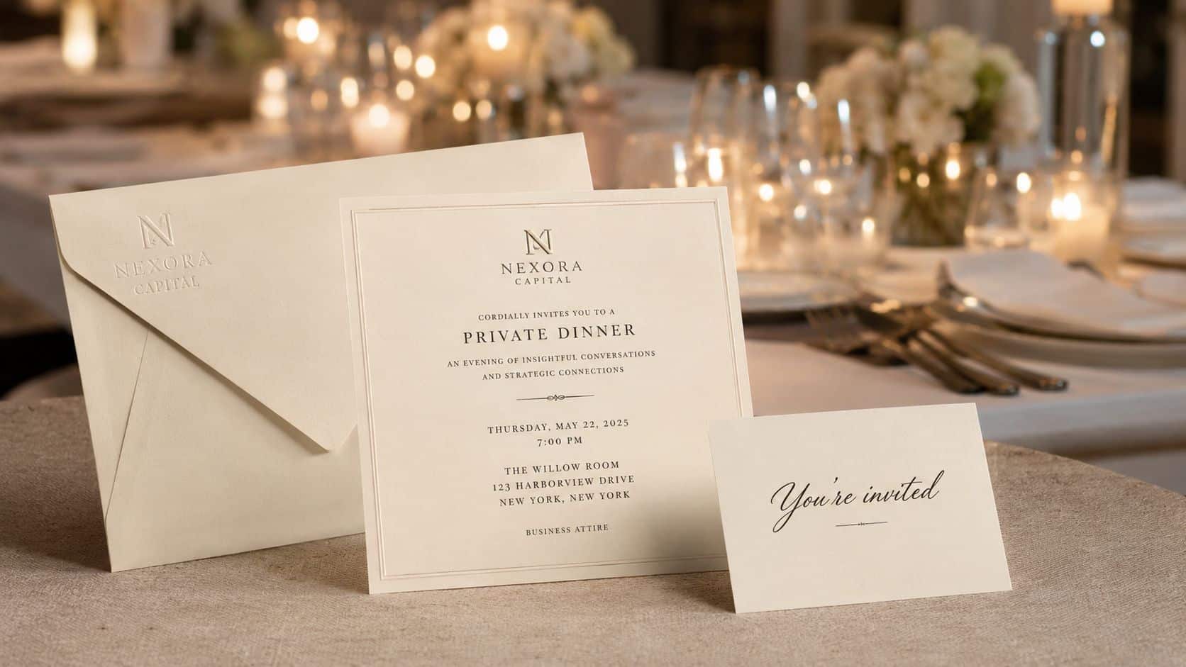 An elegant ivory invitation suite for a Nexora Capital private dinner event set on a table.