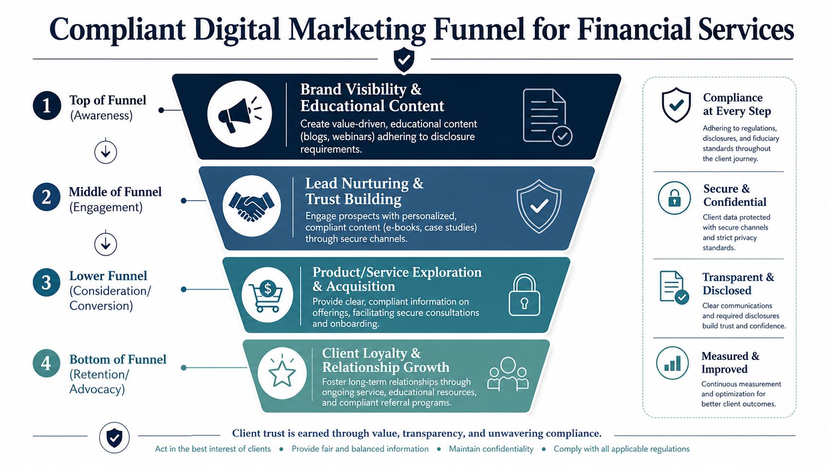 A four-stage compliant digital marketing funnel strategy designed specifically for the financial services industry and client lifecycle.