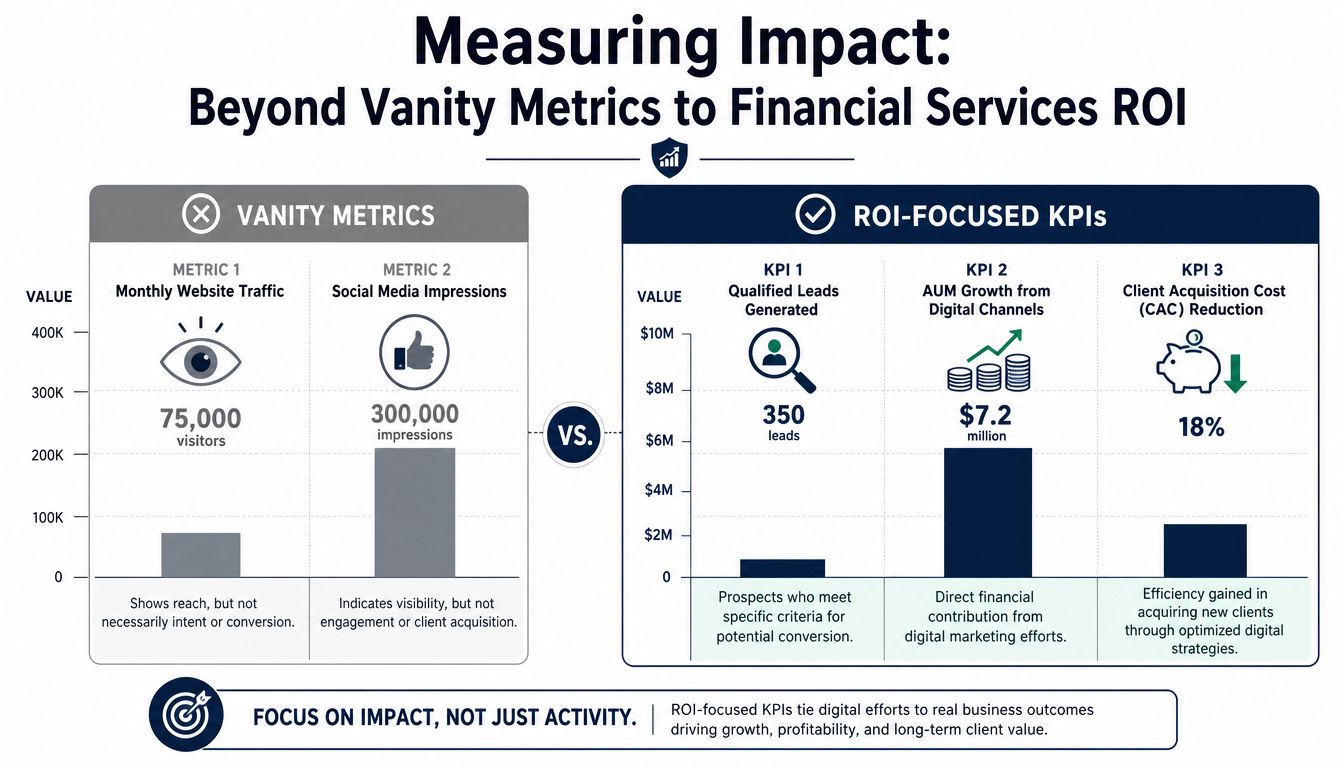 A comparative infographic showing the difference between vanity metrics and ROI-focused KPIs in financial services digital marketing.