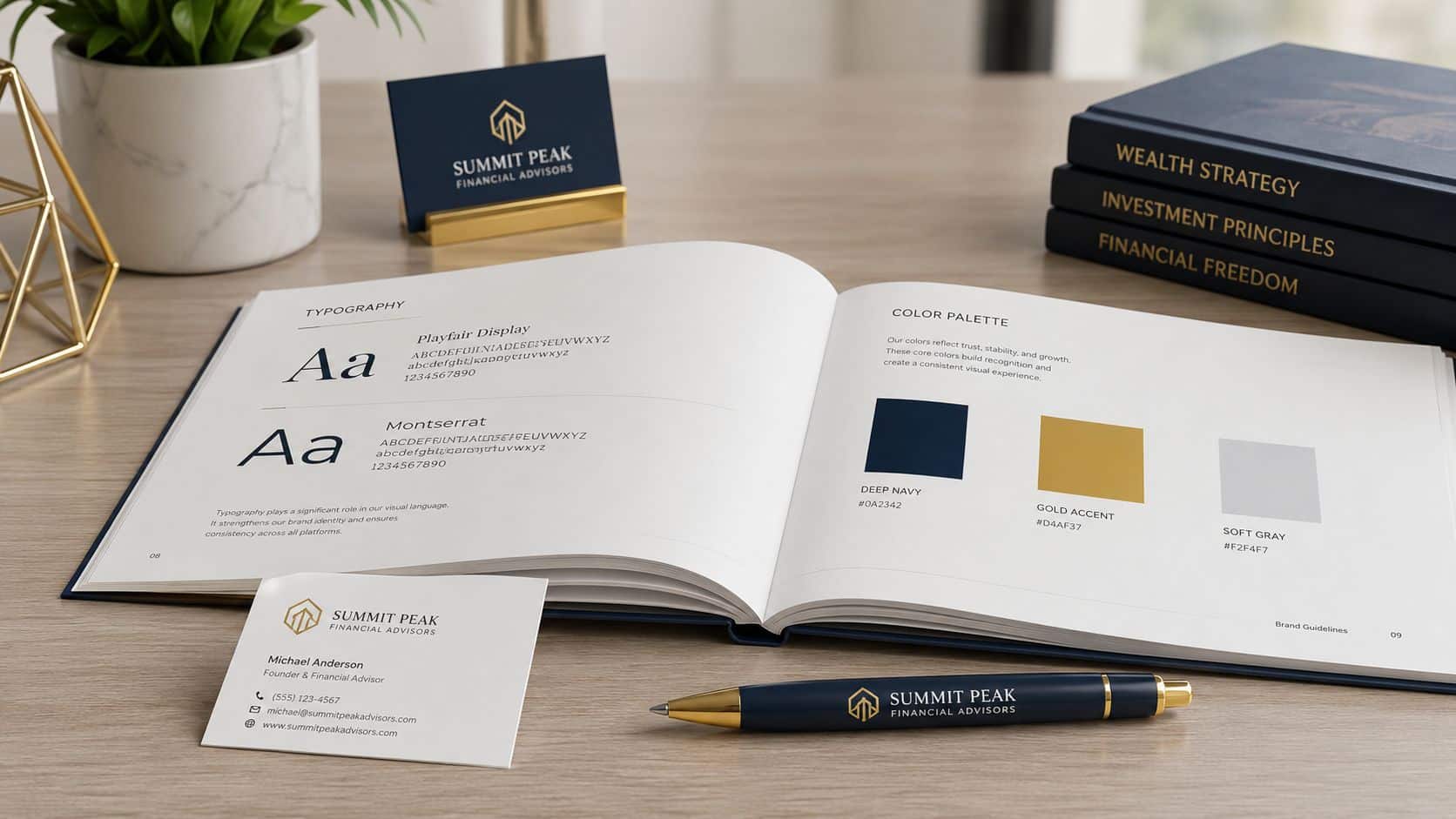 A professional brand guidelines book for Summit Peak Financial Advisors displayed on a wooden desk.