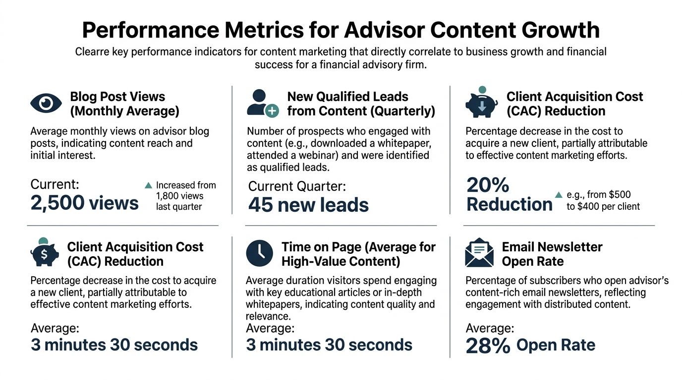 An infographic showing performance metrics for financial advisor content marketing including leads, views, and acquisition costs.