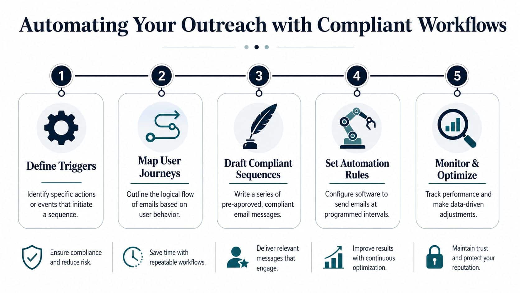A five-step infographic showing how to automate email outreach with compliant business workflows.