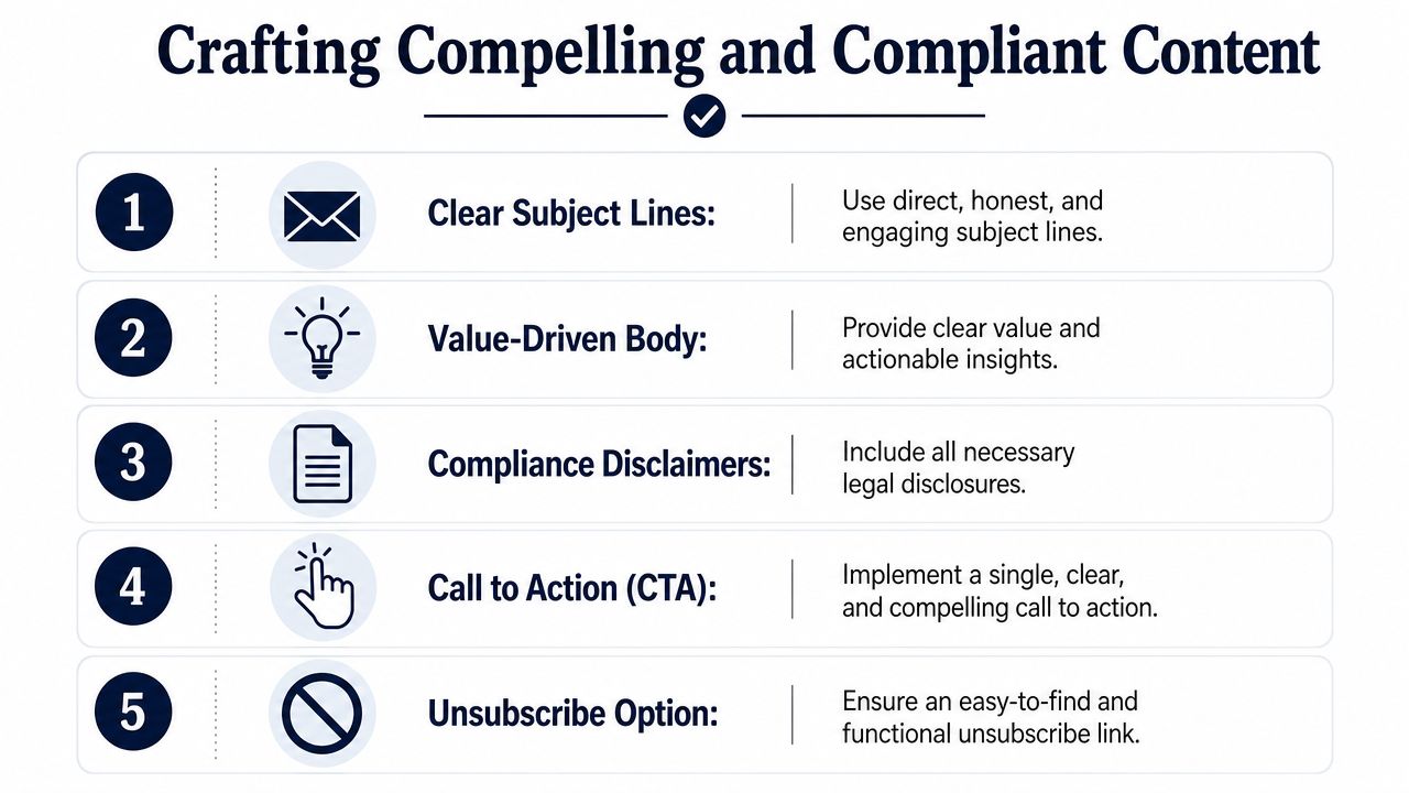 A list of five essential tips for creating effective and compliant email marketing content for professionals.