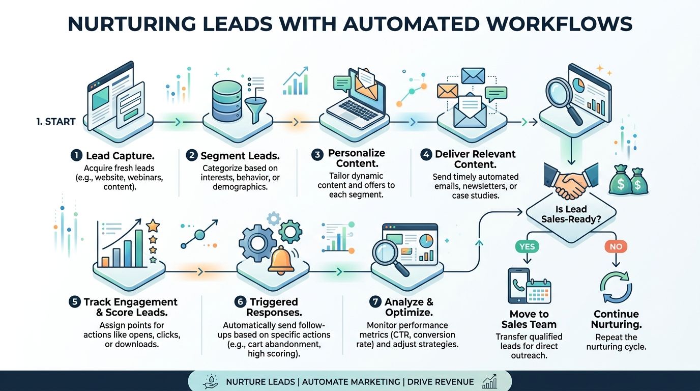 A flowchart infographic detailing a seven-step automated workflow for nurturing and converting business leads effectively.