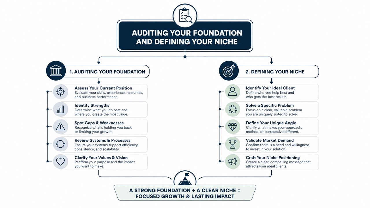 A strategic business flowchart illustrating the two-step process of auditing your foundation and defining your niche.