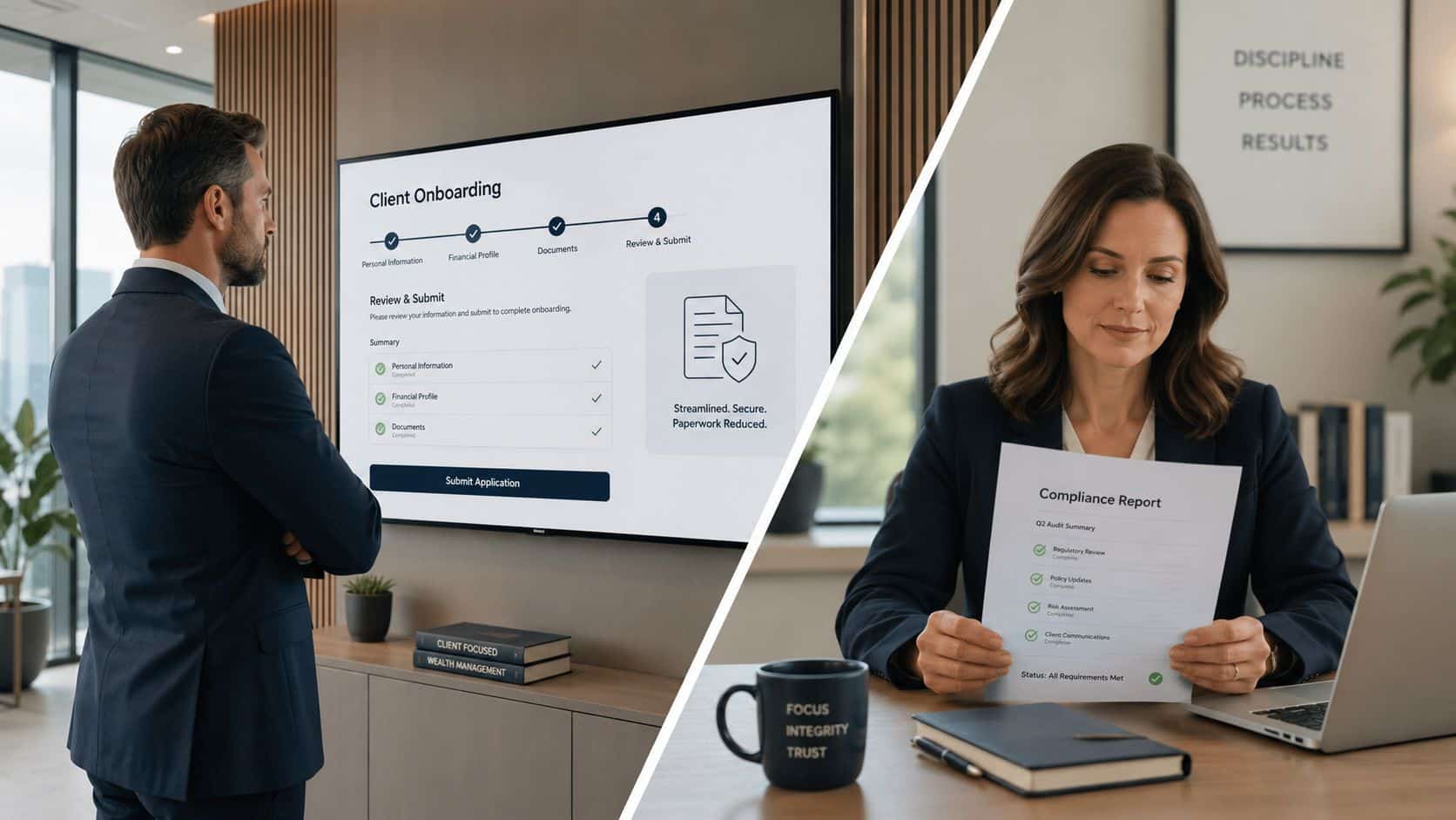 A professional financial advisor reviews a digital client onboarding process and a printed compliance report in office.