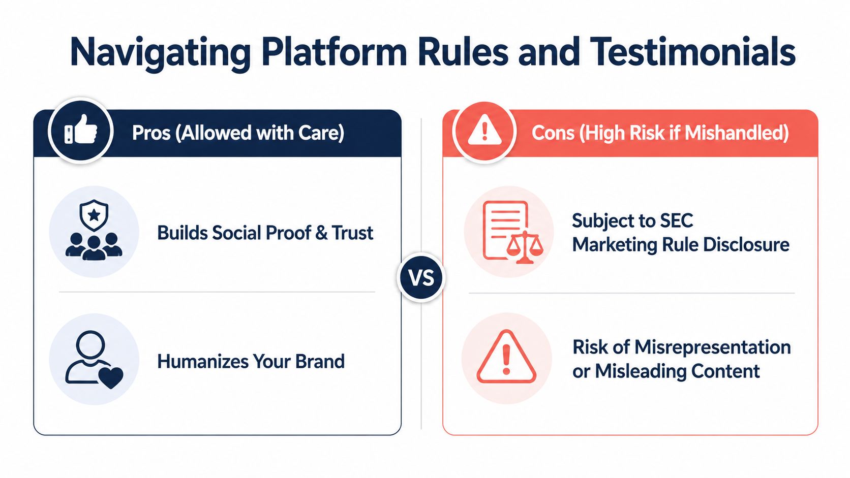 A comparison chart showing the pros and cons of using testimonials in financial advisor social media marketing.