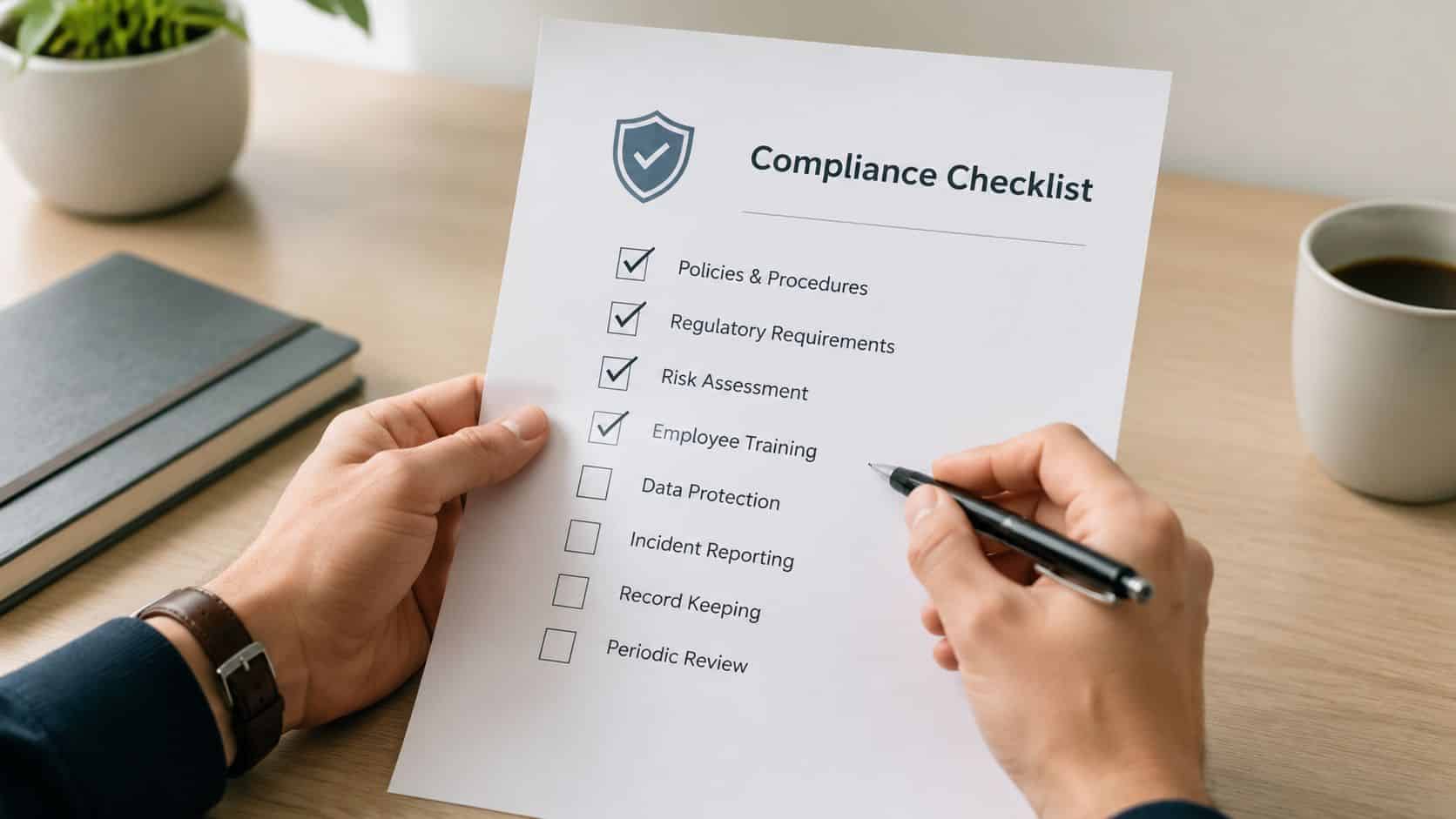 A person holding a compliance checklist with checked boxes while preparing to mark the next item.