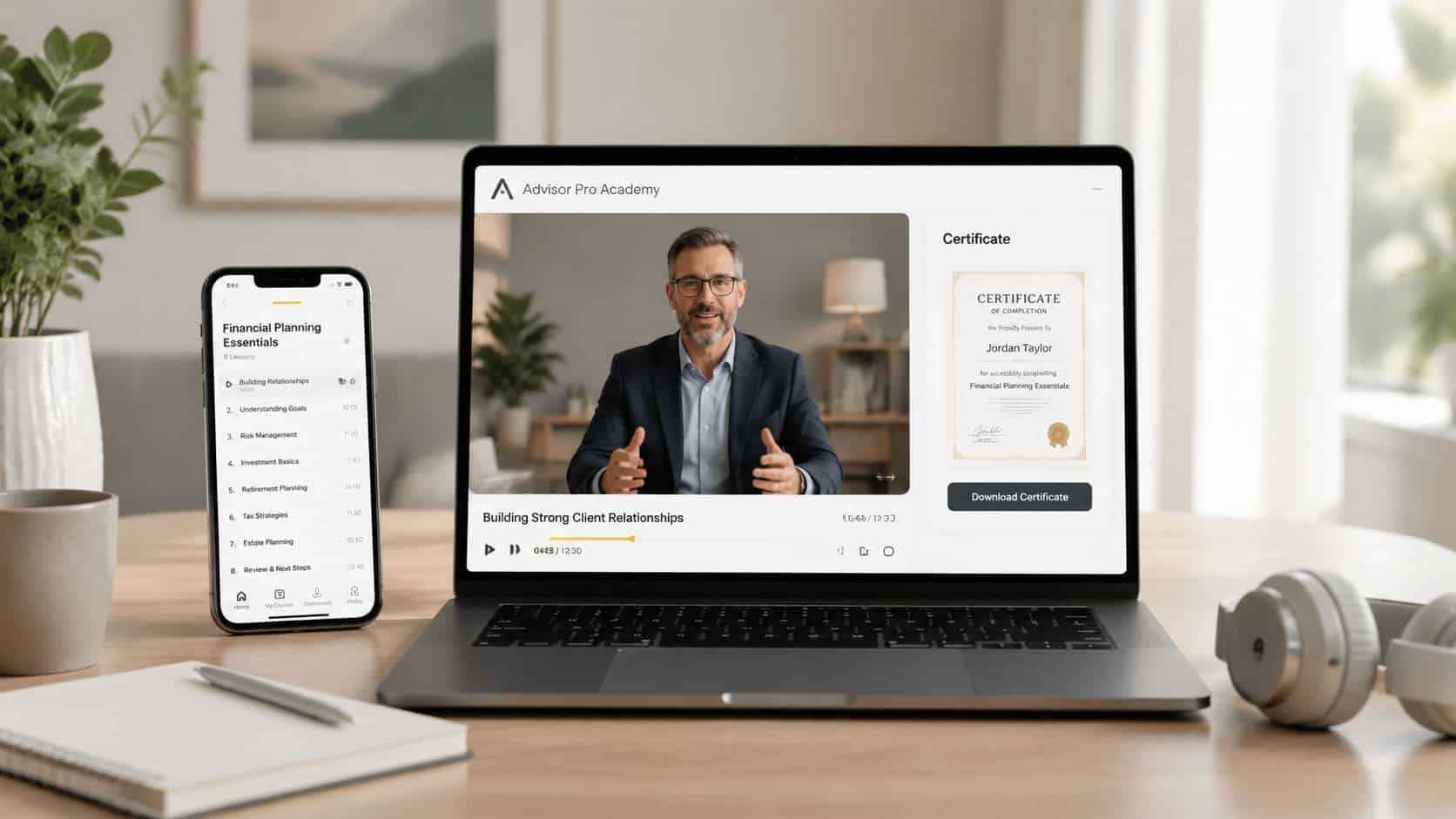 A laptop and smartphone displaying an online financial advisor training program with a course completion certificate.