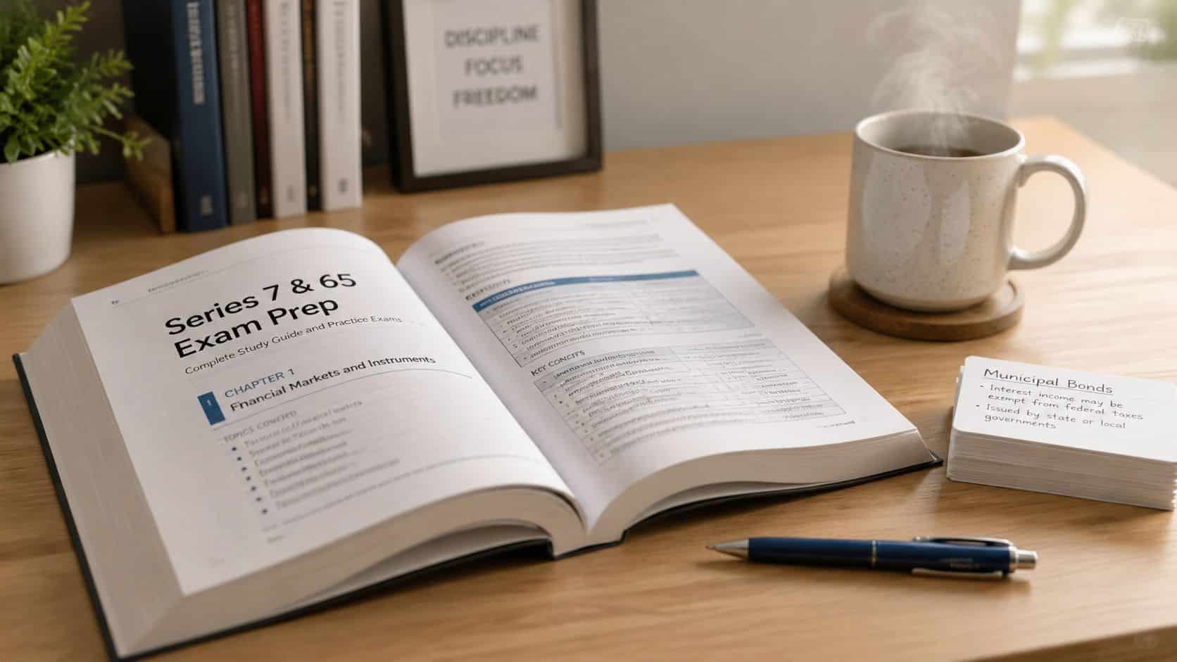An open textbook titled Series 7 and 65 Exam Prep sitting on a wooden desk with a coffee mug.