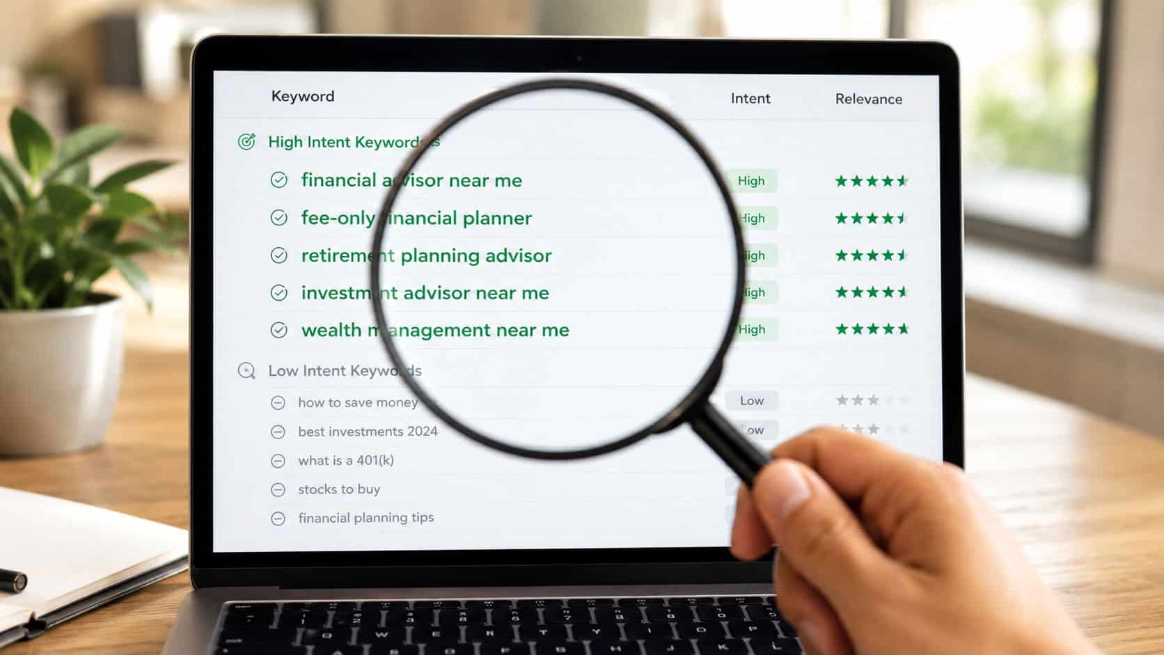 A hand holds a magnifying glass over a laptop screen displaying a list of financial advisor keywords.