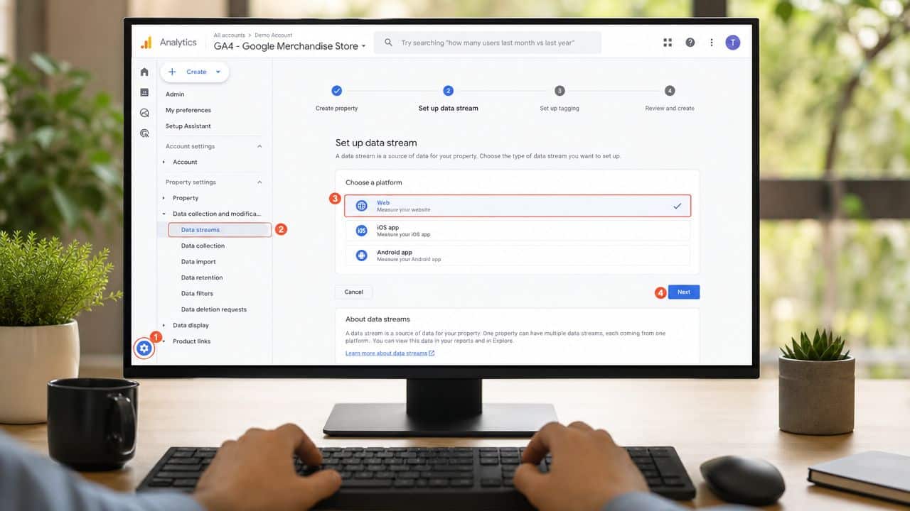 A computer screen showing the Google Analytics setup process for a new data stream on a website.
