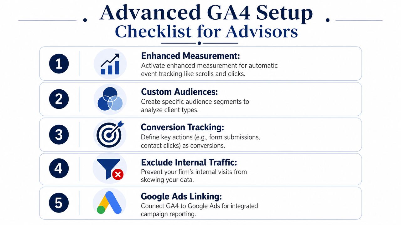 A checklist for financial advisors outlining five key steps for an advanced Google Analytics 4 configuration.