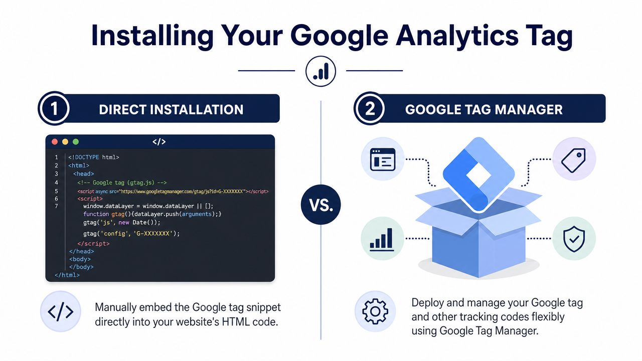 A comparison graphic showing direct installation of Google Analytics tags versus using Google Tag Manager.