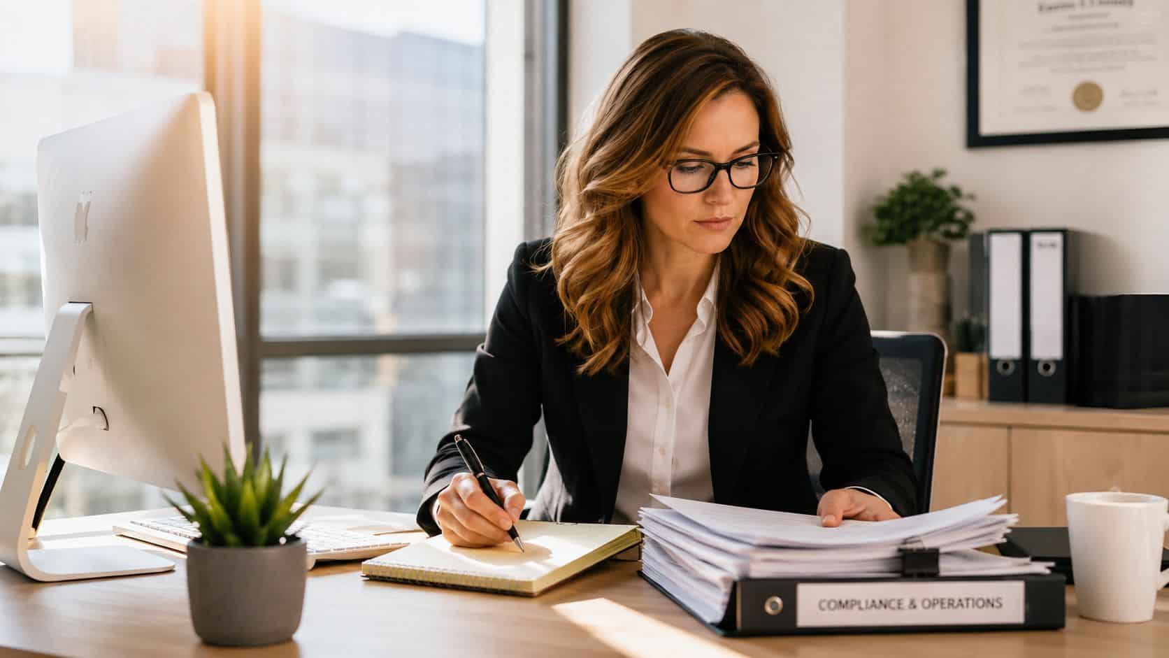 A professional woman in a business suit reviewing compliance documents and taking notes at her office desk.