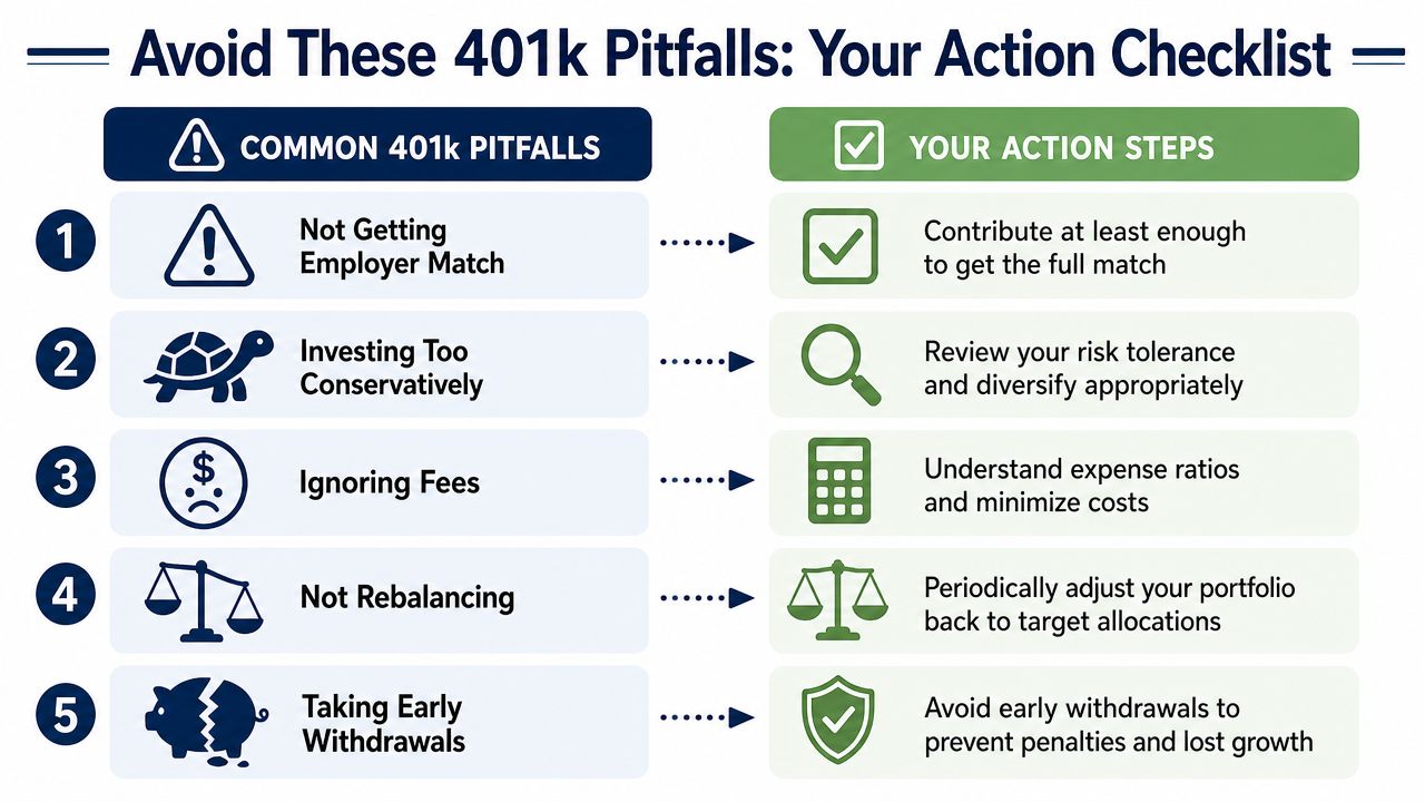 A checklist highlighting five common 401k investment pitfalls and recommended action steps for better retirement savings.