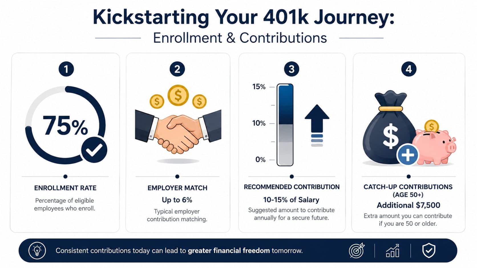 An infographic showing four steps for 401k enrollment, employer matching, contribution rates, and catch-up contributions for employees.