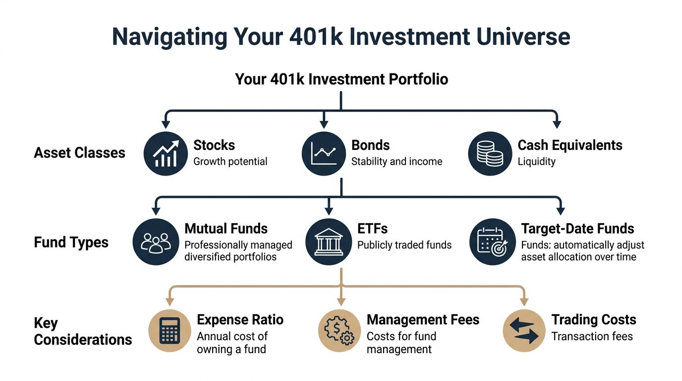 An infographic titled Navigating Your 401k Investment Universe outlining asset classes, fund types, and key considerations.