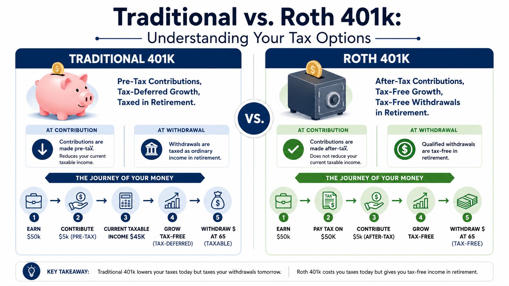 A comparison infographic showing the tax differences between a Traditional 401k and a Roth 401k retirement account.