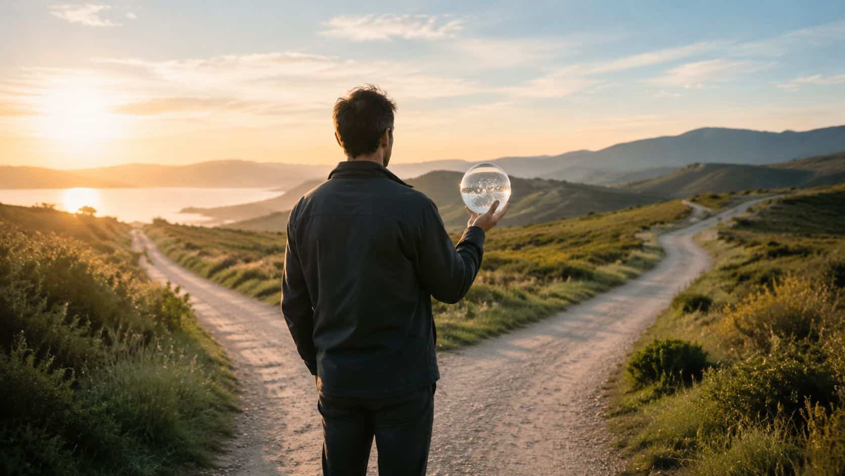 A man standing at a fork in the road holding a crystal ball during a sunset.
