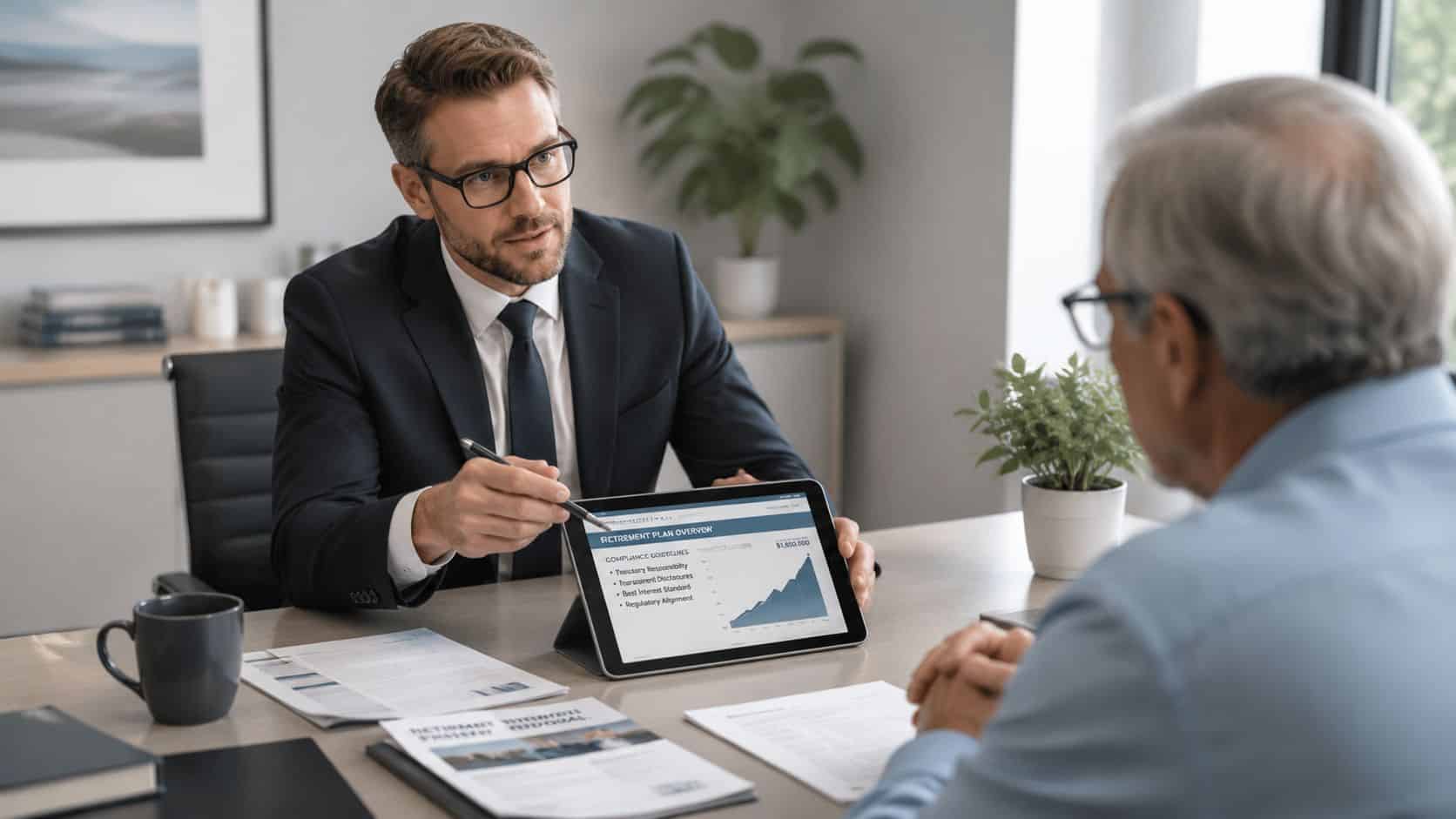A financial advisor shows a retirement plan chart on a tablet to an older client during a meeting.