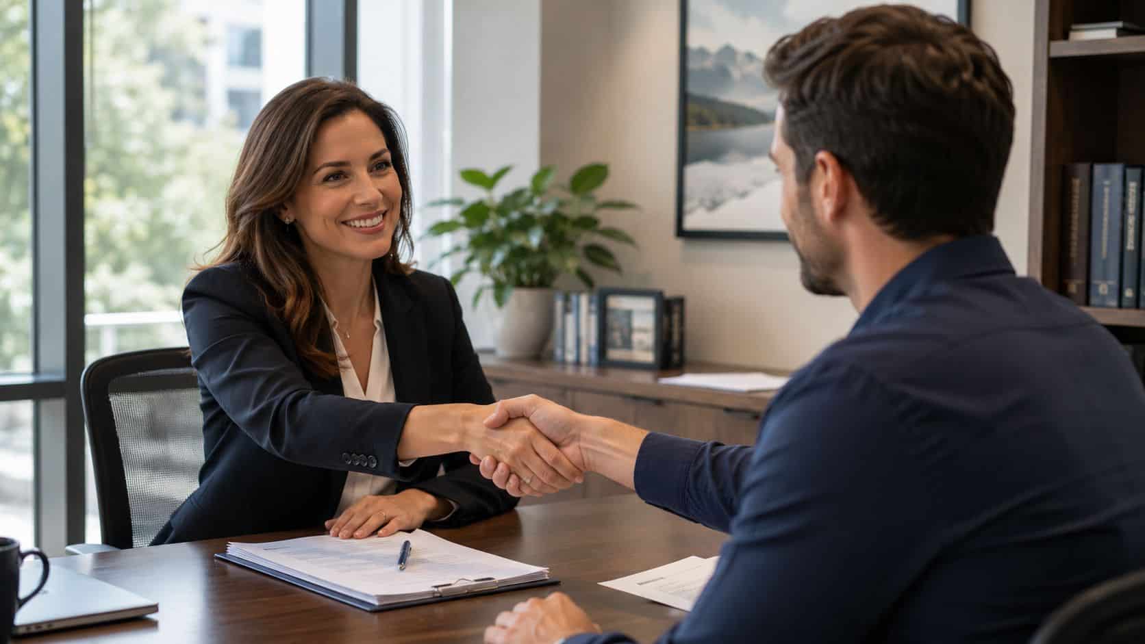 A professional woman in a suit shaking hands with a man during a business meeting in an office.