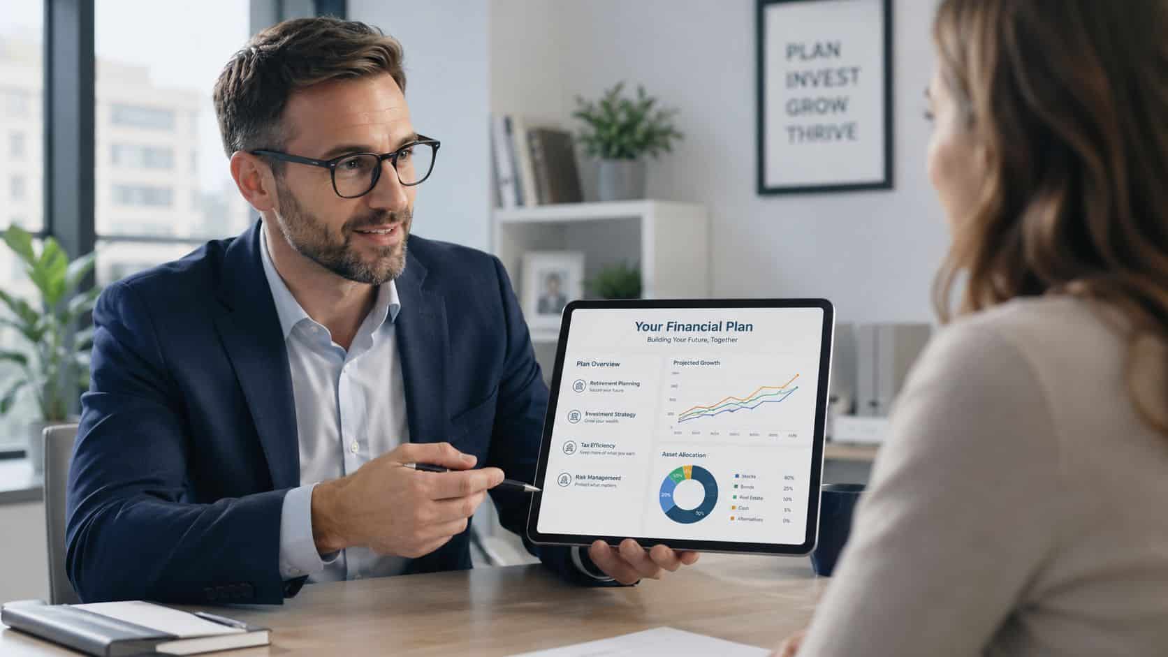 A professional financial advisor discusses a personalized investment plan with a client during an office meeting.