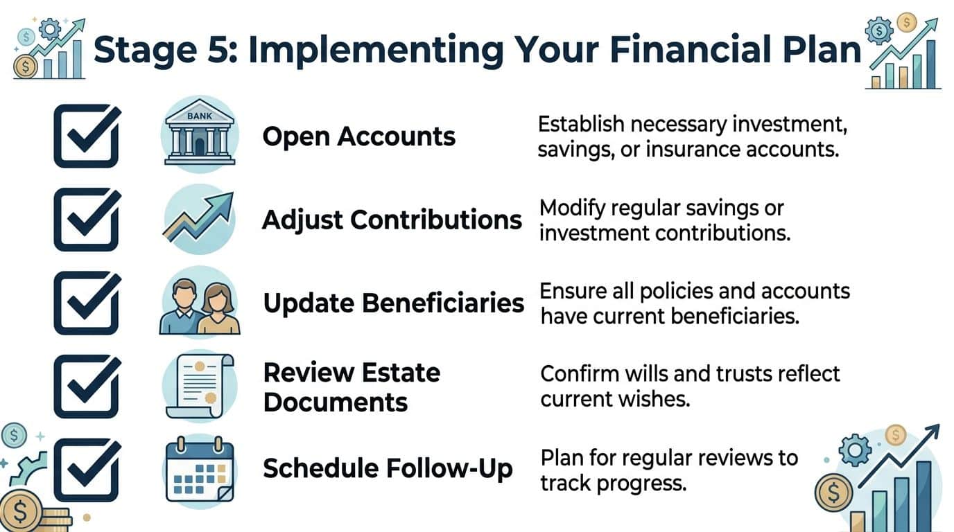 A checklist infographic titled Stage 5: Implementing Your Financial Plan with five steps for personal finance management.
