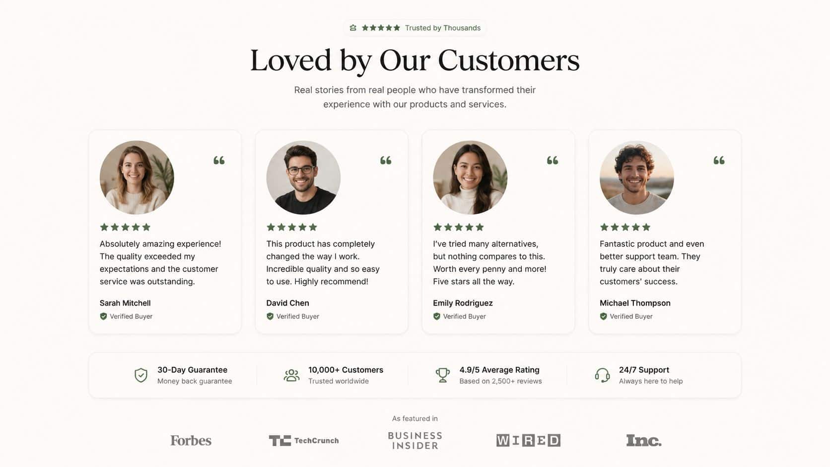 A testimonial page displaying customer reviews, ratings, and trusted media feature logos on a clean website layout.