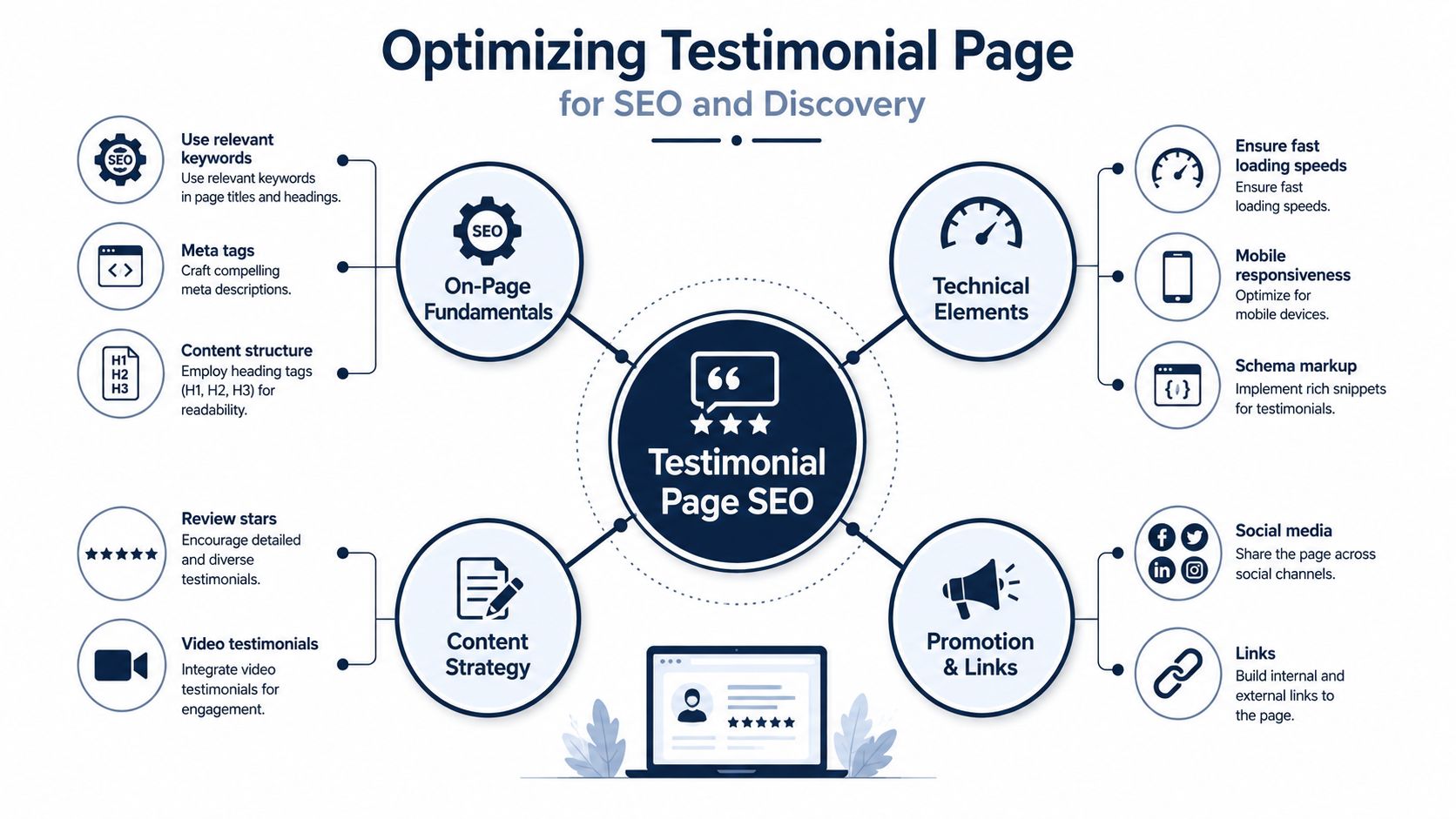 An infographic showing four key strategies for optimizing a testimonial page for SEO and digital discovery.