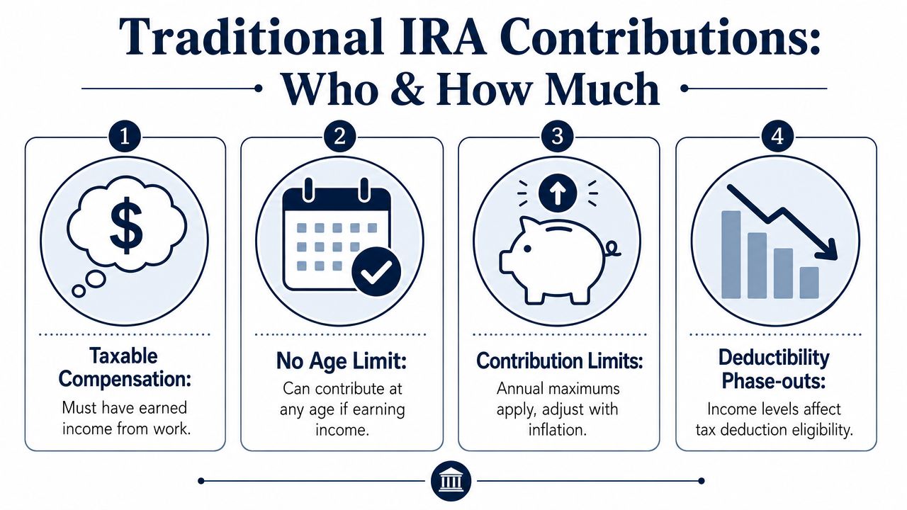 An infographic illustrating four key rules for making contributions to a Traditional IRA retirement account.