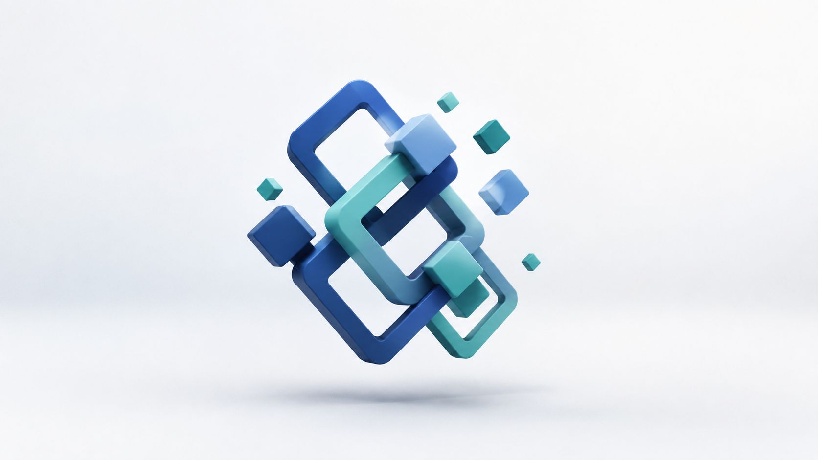A 3D abstract geometric logo featuring interlocking blue and turquoise squares against a white background.