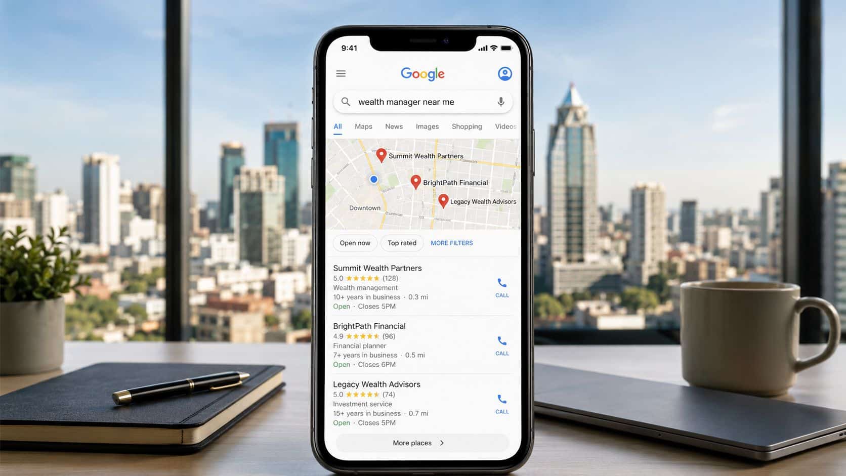 A smartphone screen displaying Google Maps results for local wealth management firms on an office desk.