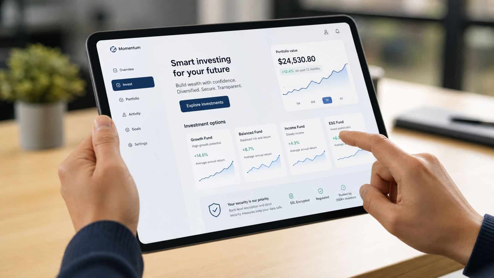 A person interacting with a professional investment dashboard on a tablet computer to manage personal finances.