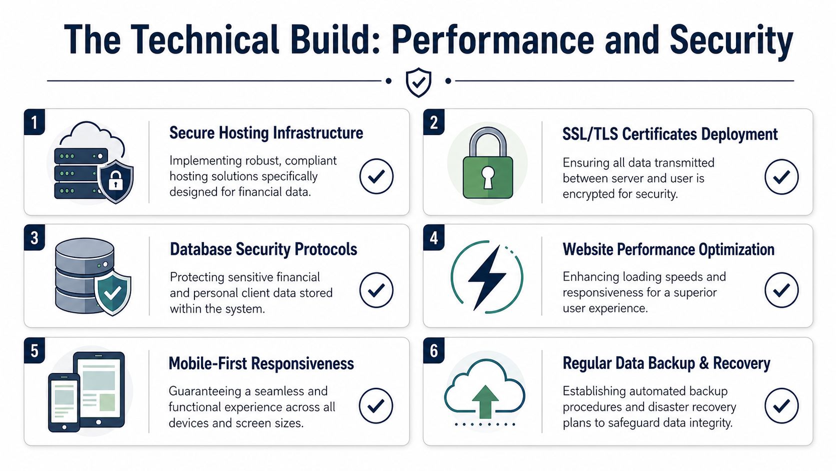 A technical infographic illustrating six key pillars for high-performance and secure financial website development infrastructure.