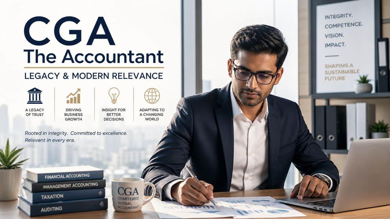 A professional accountant working at a desk with financial books and a laptop in a modern office.