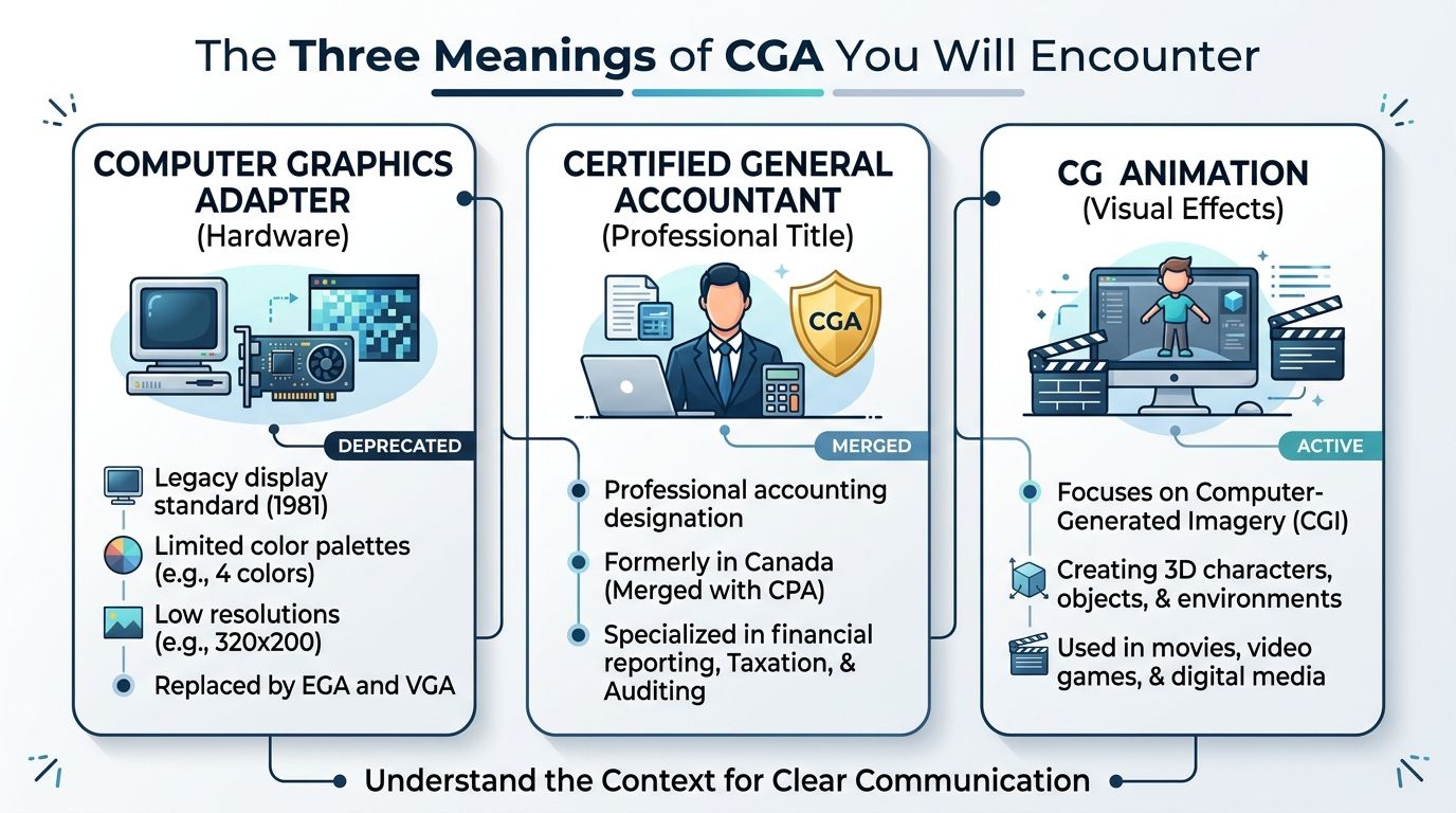An infographic showing the three meanings of CGA including computer graphics adapter, certified general accountant, and animation.