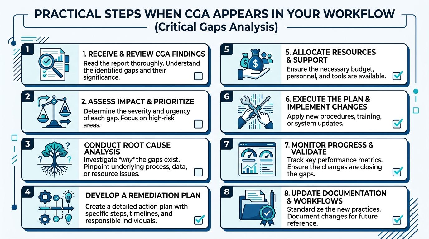 An infographic showing eight practical steps for managing critical gaps analysis in a business workflow.