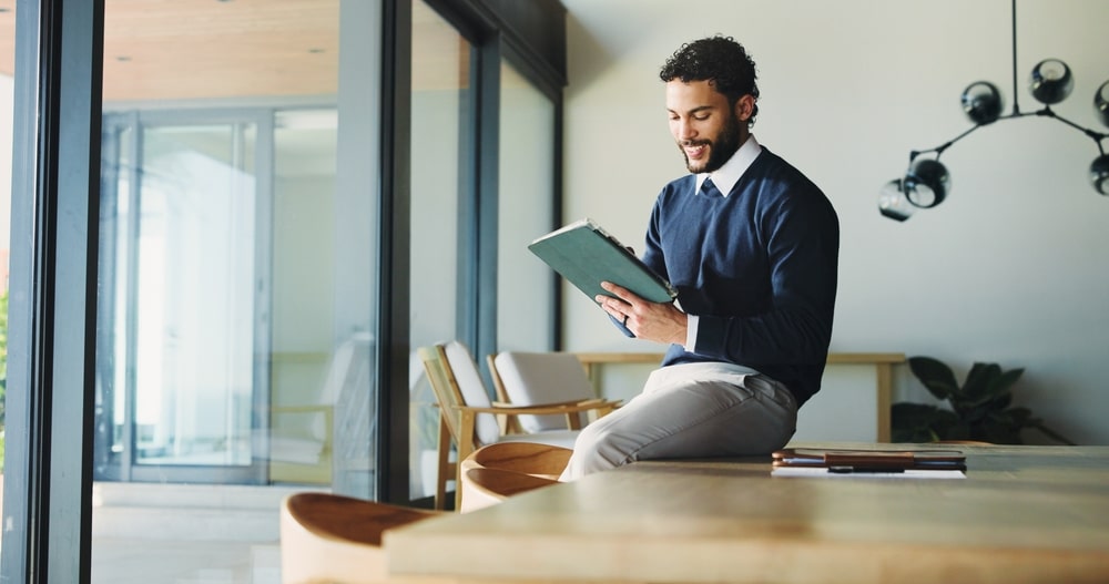 Tablet,,Business,And,Man,In,Office,,Smile,And,Real,Estate