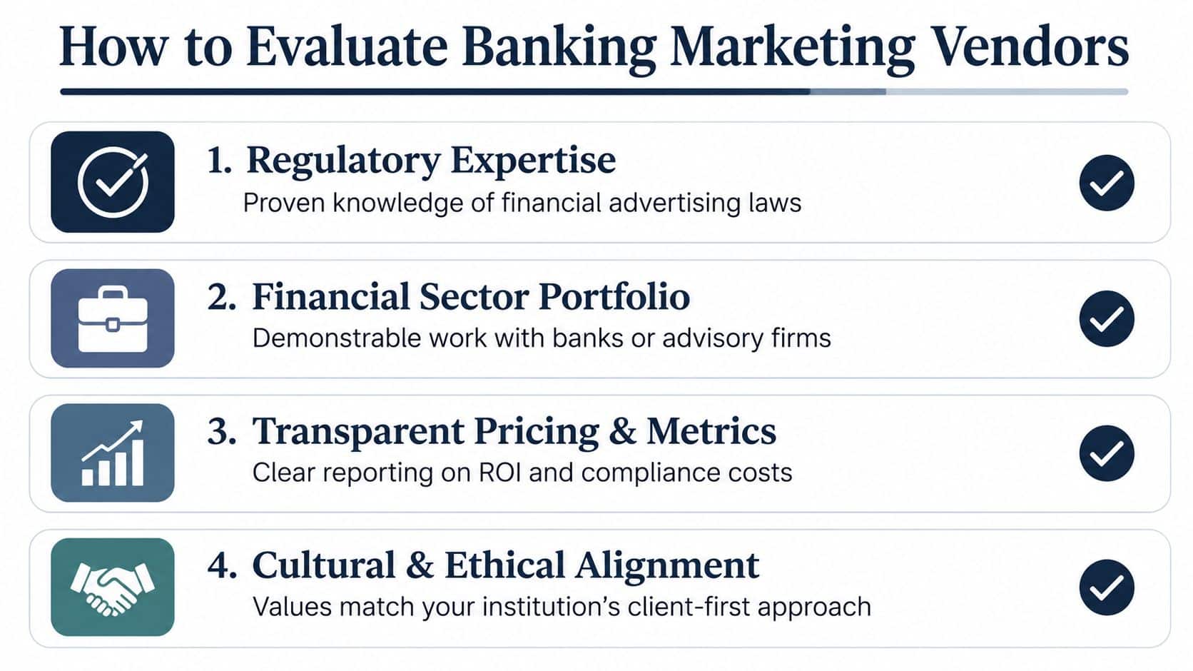 A four-point infographic guide on how to evaluate banking marketing vendors for financial institutions.